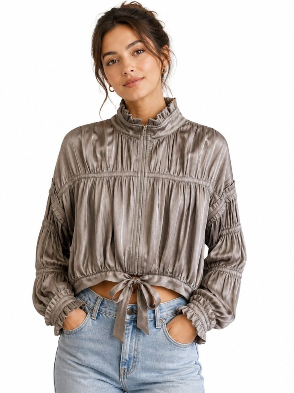 Current Air Taupe Full Zip Shirred Satin Bomber Jacket